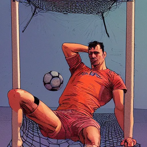 Prompt: a man laying on his back, a soccer goal behind him, a soccer in the net. Epic portrait by james gurney and mœbius.