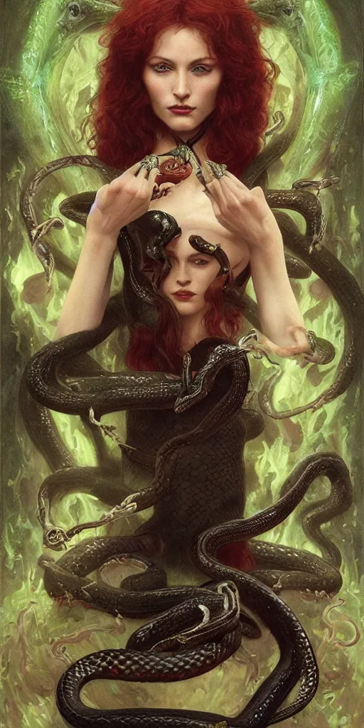 Prompt: epic masterpiece portrait of a dark redhead sorceress with a snake wand, followed by heads with many faces, beautiful face and flawless skin, perfect hands, emeralds by Edgar Maxence and Ross Tran and Michael Whelan