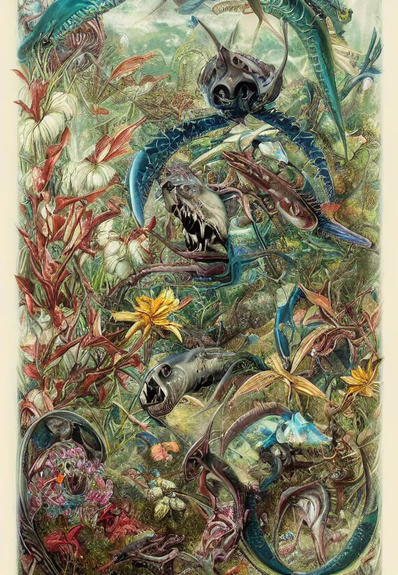 Prompt: simplicity, elegant, colorful muscular sharks, human babies, botany, orchids, radiating, colorful mandala, psychedelic, overgrown garden environment, by h. r. giger and esao andrews and maria sibylla merian eugene delacroix, gustave dore, thomas moran, pop art, biomechanical xenomorph, art nouveau, apocalyptic