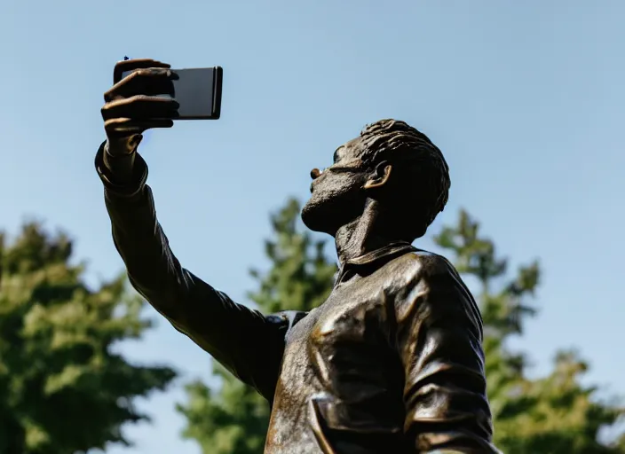 Prompt: photo still of a bronze statue of a person using an iphone to take a selfie, park on a bright sunny day, 8 k 8 5 mm f 1 6 1 0 0 3