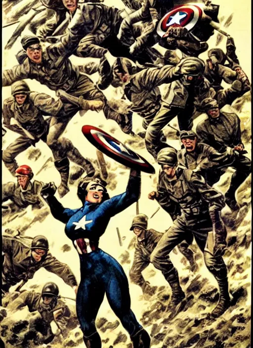 Image similar to female captain america standing on a pile of defeated german soldiers. wwii american propaganda poster by james gurney
