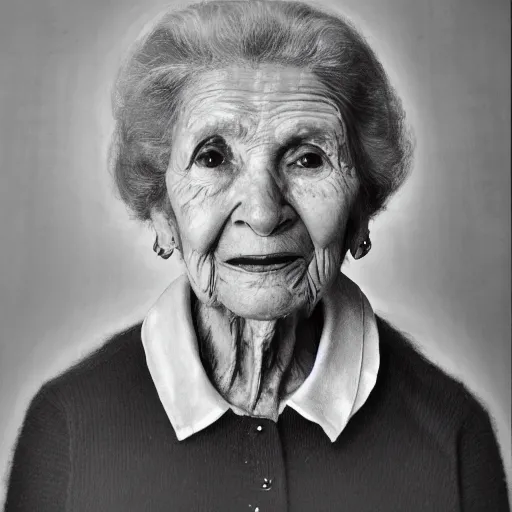 Image similar to A photo of a portrait of a 95 year old lady, 35 mm lens, black background , trending on Art Station, high detailed, photorealistic