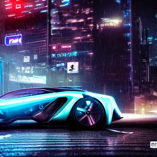 Prompt: futuristic sport car in a cyberpunk street, realistic, high details, rain, night, 4k