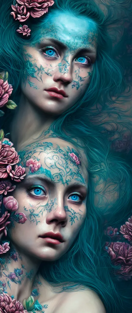 Image similar to hyperrealistic hyper detailed close-up side portrait of gorgeous woman covered in rococo flower tattoos matte painting concept art hannah yata very dramatic dark teal lighting low angle hd 8k sharp 35mm shallow depth of field