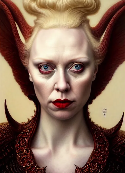 Prompt: gwendoline christie as an devil, aesthetic, fine art, intricate, elegant, highly detailed, realistic hair, centered, digital painting, art station, conceptual art, soft, sharp focus, illustration, artwork, artgerm, tomasz alen kopera, peter mohrbacher, donato giancola, wlop, boris vallejo