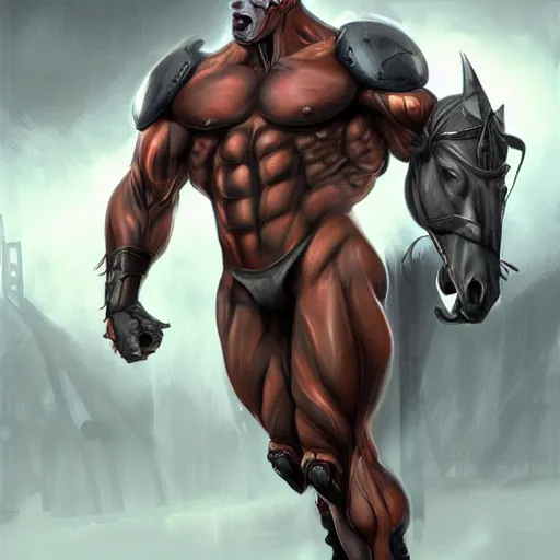 Image similar to a musclebound anthropomorphized horse with a magnificently muscular physique wearing a tight leather battle outfit standing guard at a facility, equine, anthro art, furaffinity, highly detailed, digital painting, artstation, sharp focus, game art, concept art, illustration, art by artgerm, greg rutkowski, wlop