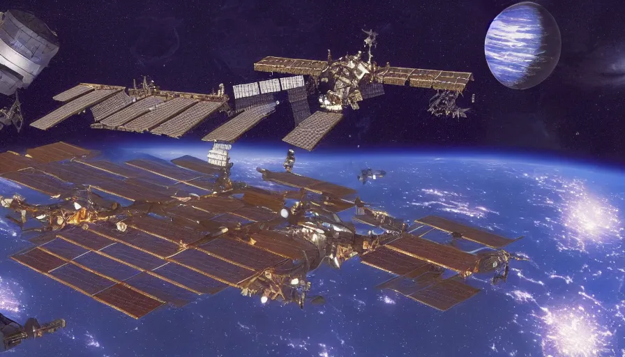 Prompt: The space station Babylon 5 glinting in the night, cinematic lighting, concept art