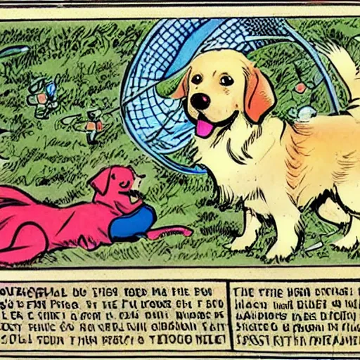 Image similar to golden retriever walking on a garden, isometric aerial panel, comic art by kirby, gibbons and buscema