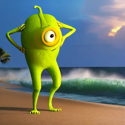 Prompt: 3 d render, of anthropomorphic lemon character that looks like a monster from the movie monsters inc, with lemon skin texture, he is wearing a hat, building a sandcastle on the beach at sunset, beach, huge waves, sun, clouds, long violet and green trees, rim light, cinematic photography, professional, sand, sandcastle, volumetric lightening