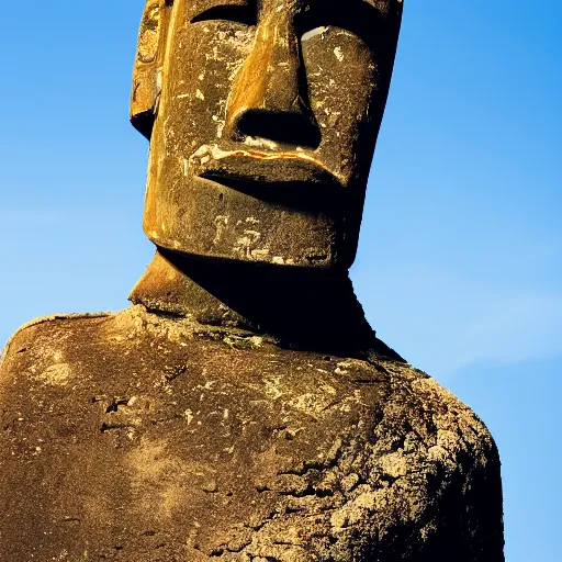 Image similar to a man holding an ice cream cone with a moai 🗿 in it, 4 k photograph