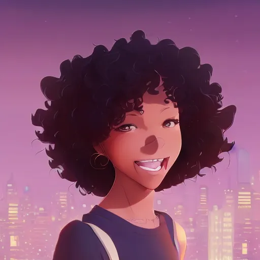 Image similar to a beautiful woman with Beautiful smile and afro hair , dark brown hair and tan skin, dark brown eyes, city landscape, 4k, anime key visual, lois van baarle, ilya kuvshinov, rossdraws, artstation