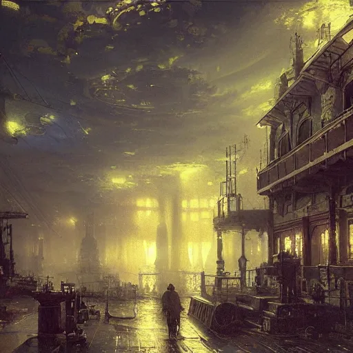 Image similar to detailed painting of a retroscifi interior in 1 9 4 0, filigree ornaments, volumetrics lights, beam of bright lights through the clouds, andreas achenbach