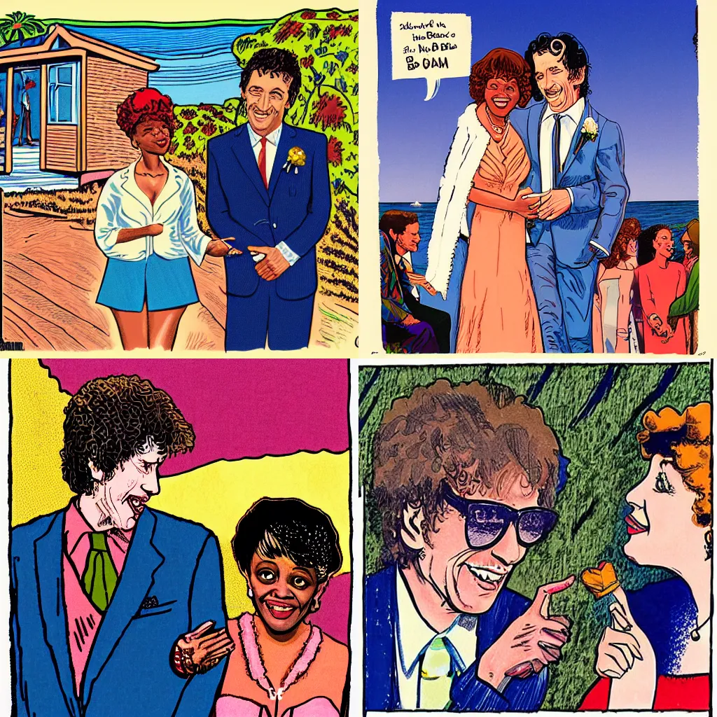 Prompt: the malibu beach wedding of Bob Dylan and Moms Mabley, color pulp illustration by Robert Maguire and Robert Crumb