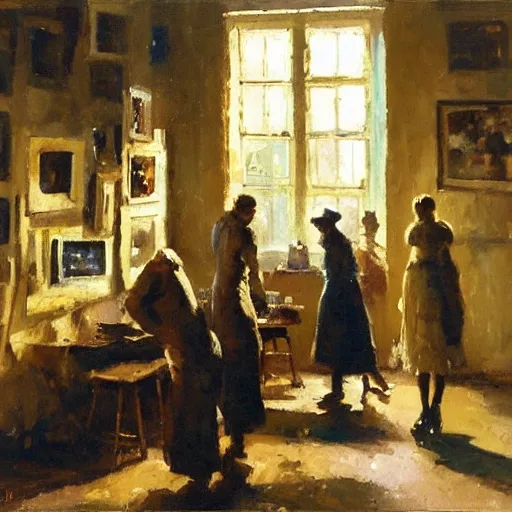 Image similar to by gerald harvey jones daring. a group of people in a dark room. the only source of light is a small window in the corner. the people are all looking at something outside of the mixed mediart.