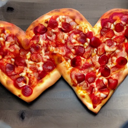 Image similar to heart shaped magerhita pizza with alot of cheese, 4 - 5 cherry tomata served on a wooden plate