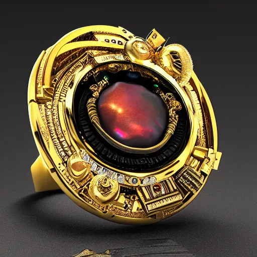 Image similar to complex golden ring with cameo and gems of a torso with a cyberpunk style, 8k, details, studio lighting, realism