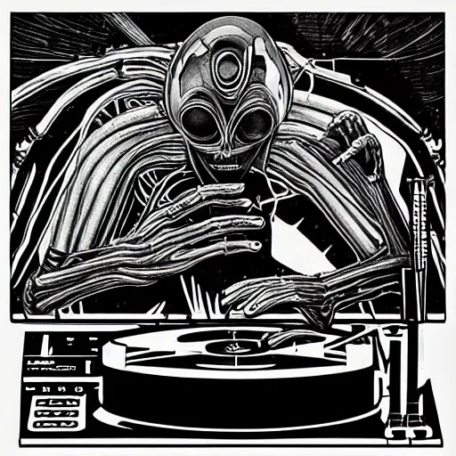 Prompt: an alien djing with a turntable in the style of HR giger. photo realistic. mechanical. futuristic. SL-1200. vinyl records
