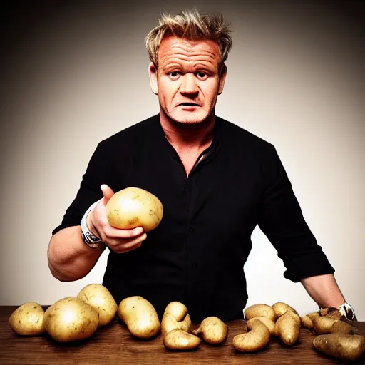 Image similar to Gordon Ramsey berating a potato, studio photography