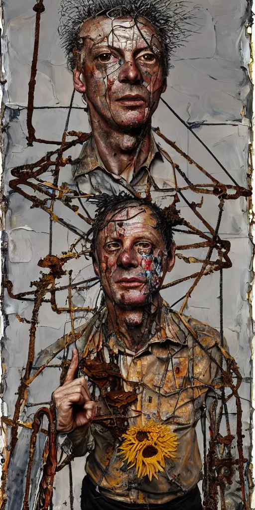 Image similar to a full length portrait of a very ordinary middle-aged man with a terrified expression, Anselm Kiefer and Lucian Freud and Jenny Saville, oil painting, rust, Scaffolding, rusted metal and sunflowers, iron cladding, decay, mixed media, textured, anatomically correct, beautiful perfect face, visible brushstrokes, sharp focus, twisted wire, Highly Detailed, nails, photographic emulsion cracked and peeling, Cinematic Lighting, 8k, HD