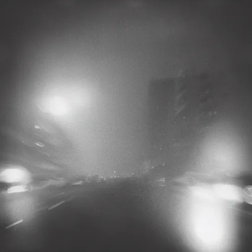 Prompt: pinhole photo of a night, silhouettes, threes, rain, reflection, double exposure, high contrast