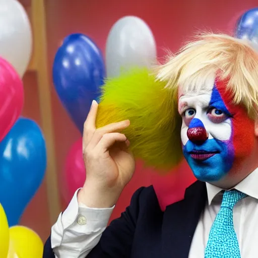 Image similar to boris johnson putting on clown makeup, colorful, clown, circus