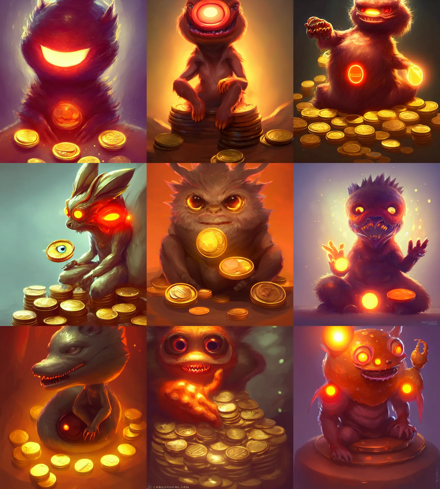 Prompt: a strange anthropomorphic creature sitting on a pile of coins, shiny small golden coins, glowing red and orange eyes, big glowing gemstone in the middle of its forehead, cute, hyper detailed, artgerm, cushart krenz, artstation, studio light, sharp focus, illustration, character design, concept art, very beautiful!