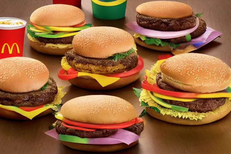 Image similar to mcdonalds rainbow hamburgers, commercial photograph taken on table