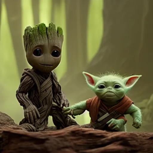 Prompt: Film still of Baby Groot sitting with Baby Yoda on Dagobah, from The Mandalorian (2019)
