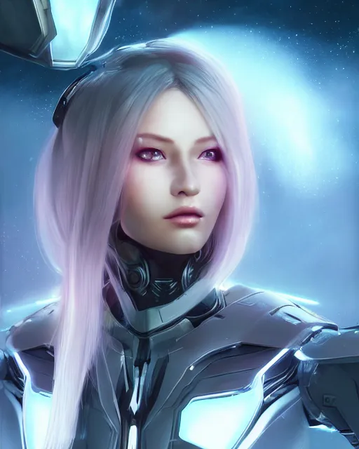 Image similar to perfect android girl on a mothership, warframe armor, beautiful face, scifi, futuristic, galaxy, nebula, raytracing, dreamy, long white hair, blue cyborg eyes, sharp focus, cinematic lighting, highly detailed, artstation, divine, by gauthier leblanc, kazuya takahashi, huifeng huang