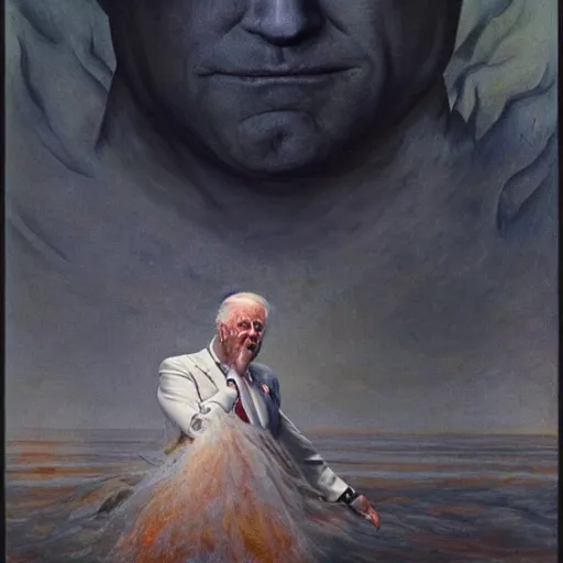 Prompt: terrifying, surreal portrait of joe biden standing up to his shoulders in turbulent, shadowy water by j. c. leyendecker, bosch, william blake, stephen gammell, jon mcnaughton, and beksinski