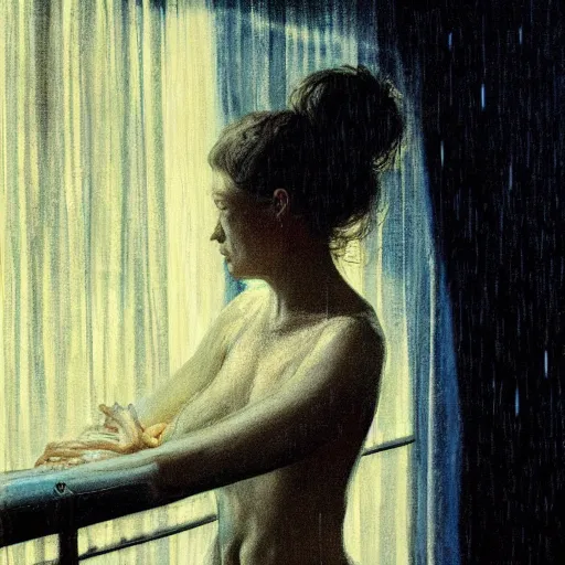 Image similar to silhouette of a woman gazing out her hotel window at the rain, extremely detailed masterpiece, oil on canvas, low-key neon lighting, in the world of Andrew Wyeth, artstation, by J. C. Leyendecker and Peter Paul Rubens,