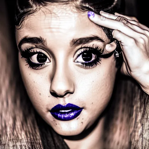 Prompt: Ariana Grande, grungy, unkept hair, glowing eyes, modelsociety, wet from rain, radiant skin, huge anime eyes, bright on black, dramatic, studio lighting, perfect face, intricate, Sony a7R IV, symmetric balance, polarizing filter, Photolab, Lightroom, 4K, Dolby Vision, Photography Award