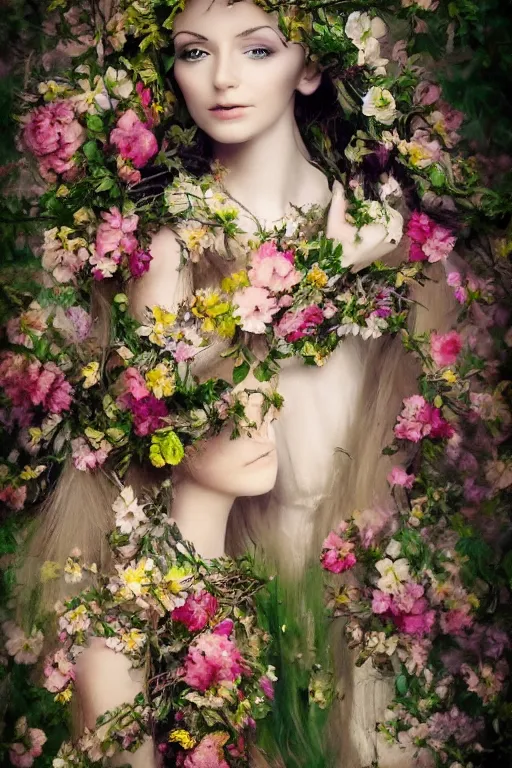 Image similar to beautiful elven women clothed in flowers by malgorzata kmiec, floral, ethereal, elegant