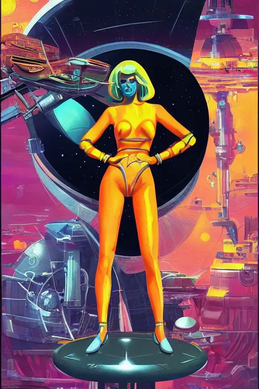 Prompt: attractive female android in feminine pose on a hyper-maximalist overdetailed retrofuturist scifi bookcover illustration from '70s. Inspired by vincent di fate. Biopunk, solarpunk style. Daytime