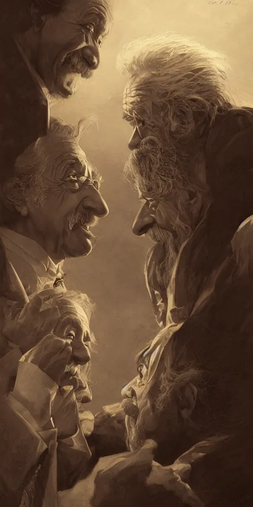 Image similar to Albert Einstein and Alan Watts having a metaphysical discussion, intricate portraits, cheerful, happy, hyperdetailed, artstation, cgsociety by greg rutkowski and by Gustave Dore