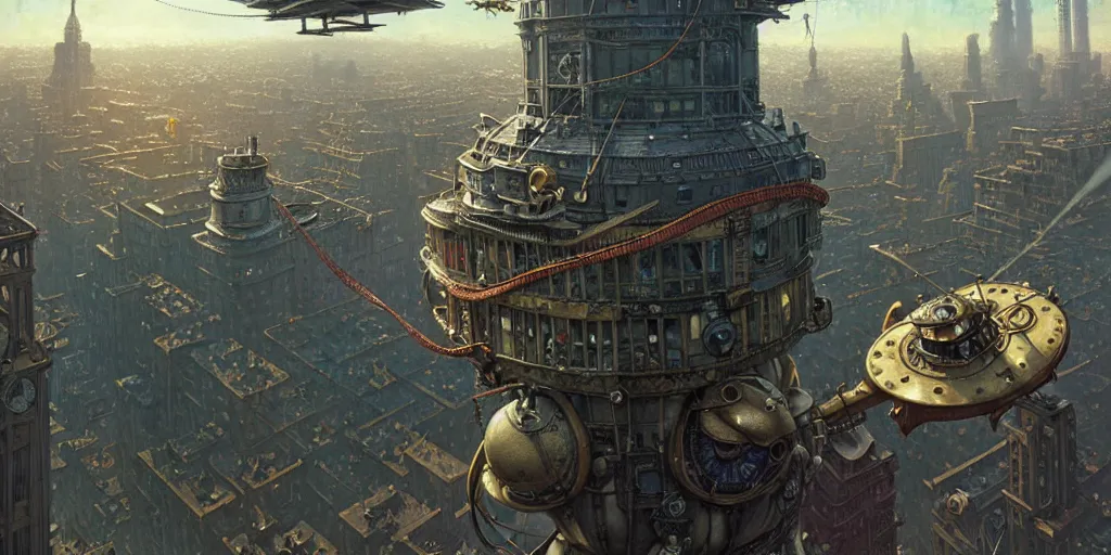 Image similar to steampunk airship above a busy city, exquisite details, denoised, mid view, by norman rockwell, karl kopinski, artsation, greg rutkowski, makoto shinkai, takashi takeuchi, studio ghibli