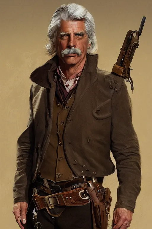 Image similar to portrait of sam elliott, western, gunslinger, duster, fantasy, intricate, elegant, highly detailed, digital painting, artstation, concept art, sharp focus, illustration, art by artgerm and greg rutkowski and alphonse mucha