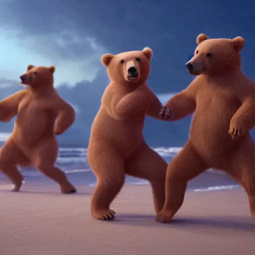 Prompt: Bears dancing at a party at the beach, cinematic, atmospheric, 8k resolution, ArtStation, Hyperrealistic