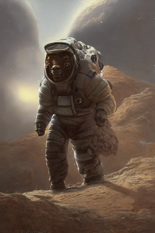 Image similar to bison astronaut, oil on canvas, intricate, portrait, 8 k highly professionally detailed, hdr, cgsociety