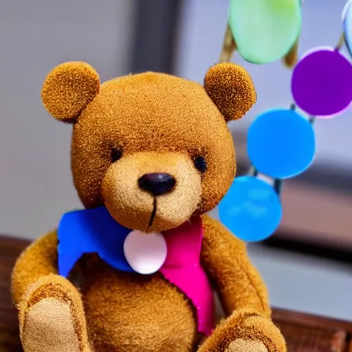 Prompt: a brown teddy bear sitting at a table with colored pegs.