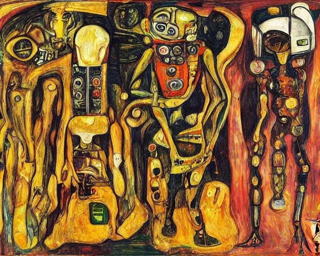 Prompt: a painting of a aliens and robots by graham sutherland, egon schiele, gustav klimt, edvard munch, expressionism