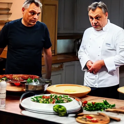 Image similar to viktor orban cooks in a tv show, oil painting