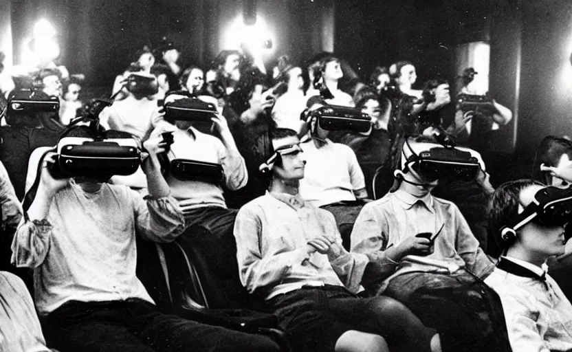 Image similar to 1 9 0 0 s photo of people using iphones ipods virtual reality headsets vr in a movie theater masterpiece