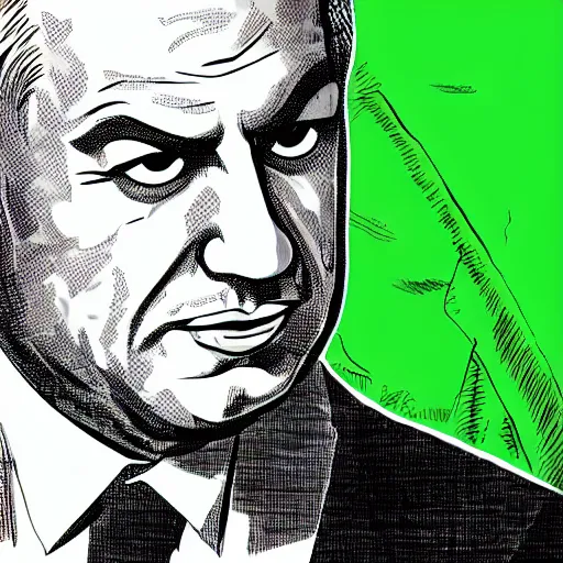 Image similar to A portrait of Benjamin Netanyahu as a green villain sitting in his office, money-themed, by Jim Lee, comic illustration, detailed