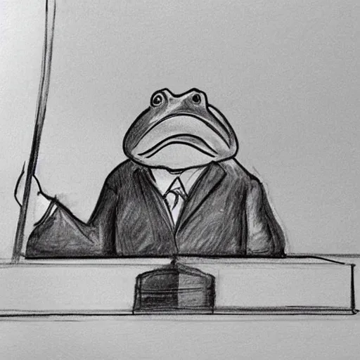 Prompt: a courtroom sketch of an angry frog pointing at alex jones on the stand