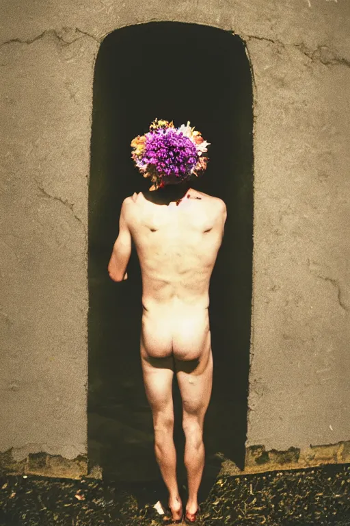 Image similar to kodak portra 4 0 0 photograph of a skinny guy looking into a otherworldly portal, flower crown, back view, vaporwave colors, grain, moody lighting, moody aesthetic,