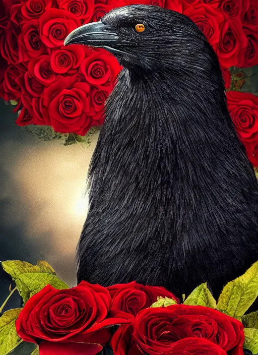 Prompt: red and golden color details, portrait, A healthy and proud crow with red eyes in front of the full big moon, book cover, red roses, red white black colors, establishing shot, extremly high detail, foto realistic, cinematic lighting, by Yoshitaka Amano, Ruan Jia, Kentaro Miura, Artgerm, post processed, concept art, artstation, raphael lacoste, alex ross, portrait, A crow with red eyes in front of the full big moon, book cover, red roses, red white black colors, establishing shot, extremly high detail, photo-realistic, cinematic lighting, by Yoshitaka Amano, Ruan Jia, Kentaro Miura, Artgerm, post processed, concept art, artstation, raphael lacoste, alex ross