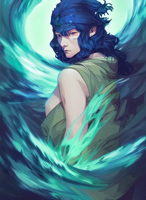 Prompt: style artgerm, joshua middleton, illustration, john krasinski as druid wearing green pelt light armor, anime eyes, blue hair, swirling water cosmos, fantasy, dnd, cinematic lighting