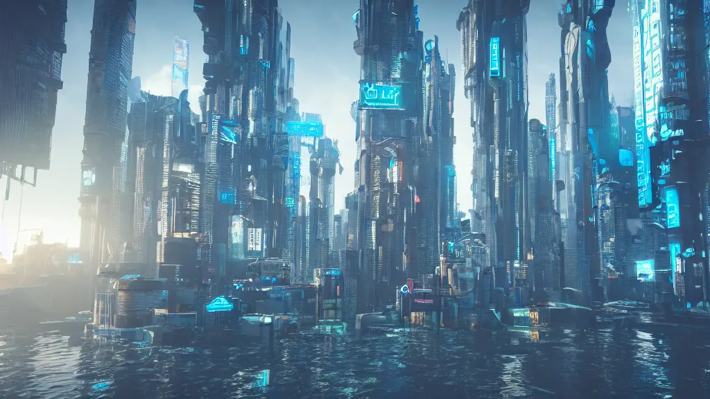 Prompt: cyberpunk city built underwater, made in blender, octane render, cinematic, volumetric lighting, flooded, futuristic,, hyperrealistic, highly detailed, 4 k hd