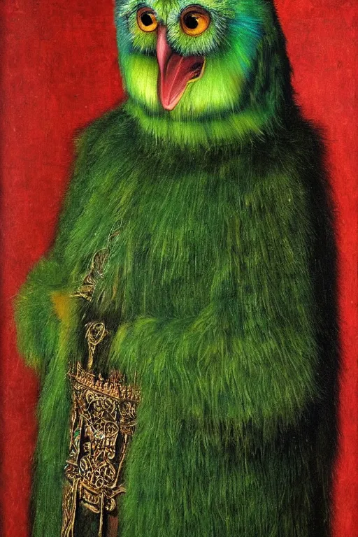 Image similar to portrait of humanoid iridescent green owlbear wearing a loose tunic. an anthropomorphic owlbear. fantasy, oil painting by jan van eyck, northern renaissance art, oil on canvas, wet - on - wet technique, realistic, expressive emotions, intricate textures, illusionistic detail